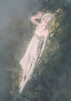 a painting of a woman in a white dress with her hand on her head, standing next to some plants