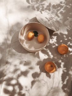 three oranges sitting in a bowl on a tablecloth with shadows from the tree