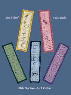 four crocheted bookmarks with the words make your own 4 or 6 portions