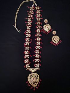 Traditional Ruby Asif Jahan Haar Set  100% Handmade Hyderabadi Jewelry at it's finest! The Asif Jahan Haar comes from the royal treasures of the Nizams. Perfect for large events and weddings! Truly a rare find! The Haar is very long, approximately 18.5" long & 3.5" wide. Comes with big earrings as well, approximately 4" long and 2" wide. Packed securely with cotton lining.  Very limited stock, get yours today! If you have any questions please feel free contact me. Large Events, Hyderabadi Jewelry, Ruby Jewelry, Big Earrings, Limited Stock, Hyderabad, Favorite Jewelry, Jewelry Sets, Ruby