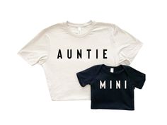 "Matching Auntie and Mini Shirts, Auntie T-shirt, Auntie and Niece Shirts, Mothers Day Gifts for Aunt, Best Aunt Shirt, Toddler Baby Girl Tee HOW TO ORDER 1. Select the size and color of the shirt you would like to order. 2. Add the quantity of shirt(s) you would like and then click \"Add to Cart\" 3. Submit Order 4. During checkout please provide any additional information in the \"Note to Seller\" section. If you forget, just send me a message on Etsy after your order is completed. AUNTIE AND Summer Matching Tops With Name Print, Family Matching Name Print Unisex Tops, Unisex Tops With Funny Print Gift, Unisex Funny Print Top For Gift, Auntie And Niece Shirts, Auntie And Niece, Mini Shirts, Aunt Shirt, Auntie Shirts