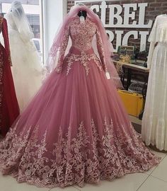 Modest Muslim Wedding Dress Pink Lace Ball Gown For Wedding, Pink Lace Wedding Ball Gown, Pink Evening Dress For Wedding, Fitted Pink Wedding Dress, Pink Fitted Wedding Dress, Customizable Length Ball Gown For Wedding, Customizable Ball Gown For Wedding, High Neck Long Sleeve Wedding Dress, Veil Long