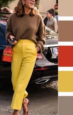 Yellow Pants Outfit Fall, Yellow And Beige Outfit, Yellow Color Combinations Outfits, Mustard Color Outfits, Yellow Blouse Outfit, Yellow Color Combinations, Mustard Pants, Bright Colored Outfits