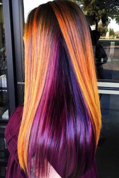 Purple And Gold Hair, Fall Fashion Color Hair, Dark Roots Brunette, Ginger And Purple Hair, Spooky Hair Color, Black And Orange Hair, Purple And Black Hair, Halloween Hair Color Ideas, Halloween Hair Color