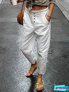 Plain Pants is fashionable and cheap, come to BestDealBuys to find out about the Clothing Beachy Outfits Casual, White Pants Fashion, Summer Pants For Women, Beachy Clothes, White Cotton Pants, Clothing Apps, Pants For Work, Beachy Outfits, Plain Pants