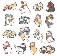 a bunch of cats with scarves and scarfs around their necks, all in different colors