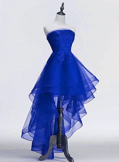 Royal Blue Tulle with Lace Applique High Low Party Dress Outfits For Girls Royal Blue Short Prom Dress, Blue Organza Dress For Banquet, Royal Blue A-line Evening Dress For Prom, Blue Organza Prom Dress, Blue A-line Tulle Evening Dress, Blue Organza Dress For Prom Season, Blue Organza Ball Gown Dress, Blue A-line Tulle Dress, Royal Blue Sleeveless Tulle Dress