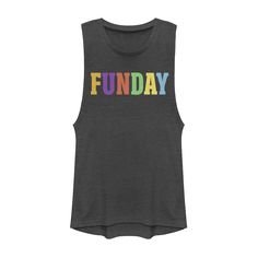 "Express your fun sense of style while wearing this juniors' ""funday"" multi-color letters muscle tee. Express your fun sense of style while wearing this juniors' ""funday"" multi-color letters muscle tee. Crewneck Sleeveless Jersey constructionFABRIC & CARE Cotton, polyester Machine wash - delicate Imported Size: X Small. Color: Charcoal. Gender: female. Age Group: kids. Pattern: Graphic. Material: Cotton / Poly."