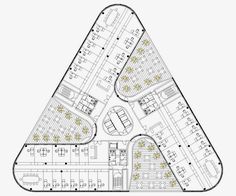 a diagram of a triangle shaped building with parking spaces and trees on the top floor