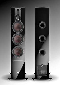 two speakers are shown side by side in black and white colors, one is facing the camera