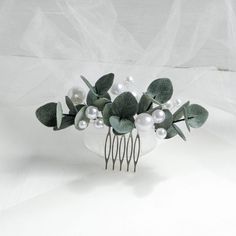 Bridal hair comb with artifical eucalyptus and babys breath flowers is perfect hair piece for your special day!  These eucalyptus look and feel so incredibly realistic. Each flowers and details is handcrafted. Amazing details, in your hair they are indistinguishable from the real thing * Choose the desired comb size and color in variations * Size combs on foto. Small comb is about 3.9"(10cm), large - 5.4"(13,5cm) * You can choose the color of eucalyptus. On 1 foto color #7. Small comb - color #5 Eucalyptus Headpiece, Sage Wedding Hair Piece, Eucalyptus Hair Comb, 3 Inch Hair Clip Sage Green, Gardenia Hair Piece Bridal, Floral Hair Pieces, Bridesmaid Hair Accessories, Bridesmaid Pearls, Hair Comb Wedding