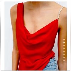 Zara One Should Pearl Strap Satin Top Size S New With Tags Red Tops For Summer Party, Elegant Red Zara Tops, Summer Red Blouse For Night Out, Lacy Tops, Hot Miami Styles, Miami Fashion, Embellished Top, House Of Harlow 1960, Solid & Striped