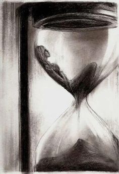 an hourglass drawing in black and white