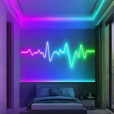 a room with a bed, neon lights and a wall that has a heartbeat sign on it