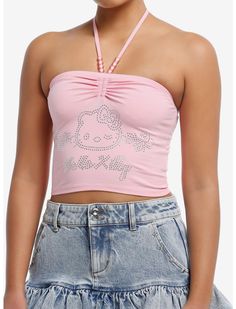 Hello Kitty Rhinestone Girls Halter Top | Hot Topic Hello Kitty Rhinestone, Hello Kitty Decorations, Pink Halter Top, Emily The Strange, Tall Hoodies, Plus Size Swim, Hello Kitty Collection, Pink Beads, Socks And Tights