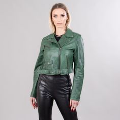 Short leather jacket in green color.  This short jacket has zipped exterior side pockets, a collar, a belt, and a zipper closure.  The garment will stand out with its unique pattern and warmth.  The jacket manufactures in our company in Greece with high-quality lambskin. Leather: Lamb Color: Green Length: 45-50 cm (17,7-19,6 in) Collar: Yes Exterior pockets: Yes Belt: Yes Lining: 100% Polyester Care: Specialist clean Casual Green Fitted Leather Jacket, Green Long Sleeve Leather Jacket Casual Style, Casual Green Biker Jacket For Winter, Casual Green Winter Biker Jacket, Casual Green Long Sleeve Leather Jacket, Winter Green Biker Jacket With Zipper Closure, Green Winter Biker Jacket With Zipper Closure, Green Leather Jacket For Work With Long Sleeves, Green Winter Biker Jacket With Zipper