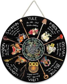 a black and white clock with many different things on it's front wheel, including the names of each zodiac sign