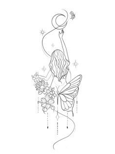 a drawing of a fairy with flowers and a moon on her back, in black and white