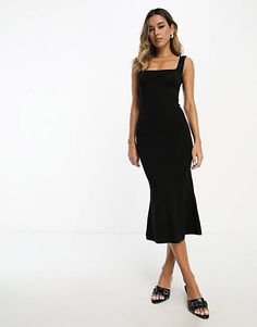 Chic Black Sleeveless Square Neck Dress, Chic Black Sleeveless Dress With Square Neck, Sleek Sleeveless Solid Midi Dress, Solid Square Neck Midi Dress For Night Out, Solid Midi Dress With Square Neck For Night Out, Black Sleek Sleeveless Midi Dress, Sleek Black Sleeveless Midi Dress, Elegant Black Sleeveless Dress With Square Neck, Casual Midi Dress With Square Neck For Night Out