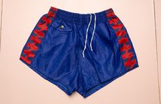 a pair of blue and red swim trunks