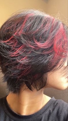 Men Red Dyed Hair, Red Streaks Short Hair, Short Dyed Hair Highlights, Red Highlights On Black Hair Men, Red Highlights Men Hair, Red Highlights In Brown Hair Men, Red Highlights On Dark Hair Men, Hair Dye Ideas Straight Hair, Cherry Red Hair Men