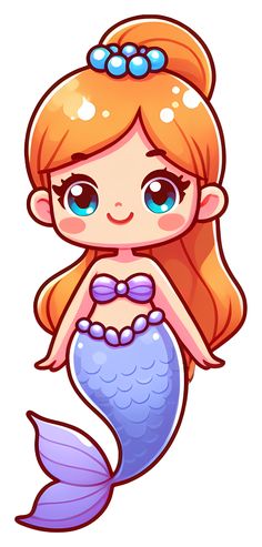 a little mermaid with long hair and blue eyes sitting on top of a white background