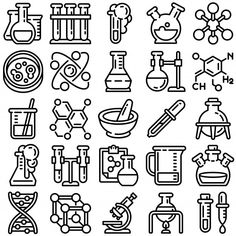 black and white science icons on a white background, including beakles, flasks, test tubes, lab equipment