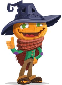 a cartoon pumpkin dressed in a witches hat and scarf giving the thumbs up sign with both hands