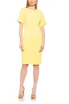 Stylish and sleek, this midi length dress features dolman sleeves and a chic V-back cut.Fit: this style fits true to size. Yellow Bodycon Sheath Dress, Elegant Yellow Bodycon Dress For Evening, Elegant Yellow Bodycon Evening Dress, Elegant Gold Dress For Workwear, Spring Sheath Dress With Back Zipper, Elegant Midi-length Mini Dress With Side Zipper, Elegant Midi Mini Dress With Side Zipper, Formal Summer Bodycon Dress With Back Zipper, Chic Stretch Dress With Side Zipper