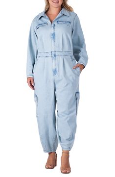 Update your casual-cool vibe in this light-wash denim jumpsuit designed with cargo pockets. 53" length; 26" inseam Spread collar Long sleeves 74% cotton, 24% polyester, 2% spandex Machine wash, tumble dry Imported Long Sleeve Denim Jumpsuit, Coverall Jumpsuit, Designer Jumpsuits, Denim Jumpsuit, Light Wash Denim, Jumpsuits For Women, Jumpsuit Romper, Top Brands, Jumpsuit