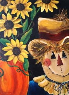 a painting of a scarecrow and sunflowers in a vase on a black background