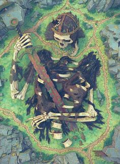 a painting of a skeleton sitting on top of a green field with two hands in the air