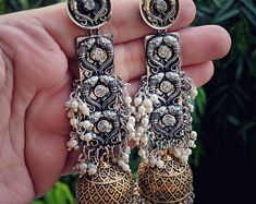 Indian Jeweleryhigh quality Sabyasachi replica zirconia | Etsy Designer Chandbali Earrings With Latkans, Elegant Chandbali Earrings For Designer Wear, Elegant Chandbalis For Festivals, Bollywood Style Earrings With Latkans For Designer Wear, Elegant Chandbali Designer Earrings, Elegant Designer Chandbali Earrings, Elegant Designer Chandbalis For Festivals, Elegant Designer Chandbali Jhumkas, Elegant Designer Meenakari Chandbalis