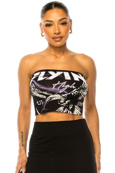 Experience the vintage-inspired style and comfort of our Flying High Eagle Tube Top! Made with 95% cotton and 5% spandex, this top is perfect for any occasion. Our model, standing at 5'5" with measurements of 35"-27"-39", looks absolutely stunning in a size small. Elevate your wardrobe and feel amazing in our Flying High Eagle Tube Top today! Size Chart MADE IN THE U.S.A.🇺🇸 FAST SHIPPING Our guarantee to you: If you are not 100% satisfied with your purchase, you can return your order to us within 30 days for a refund, exchange or store credit. Shipping charges are not refundable. (shirt must be unworn, in the state you received it, and in the original packaging). Fitted Graphic Print Casual Tank Top, Fitted Casual Tank Top With Graphic Print, Casual Fitted Tank Top With Graphic Print, Fitted Sleeveless Tops With Graphic Print, Spring Graphic Print Fitted Crop Top, Edgy Fitted Crew Neck Tank Top, Fitted Edgy Tops For Streetwear, Fitted Tank Top For Spring Streetwear, Fitted Cotton Top With Graphic Print