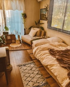 a living room filled with furniture and lots of plants on the windows sills