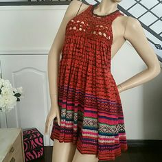 Gorgeous And Ready For Summer. Free People Dress, Or Top. Looks Great On. Red Mini Dress For Spring Festival, Red Sleeveless Mini Dress For Festival, Vibrant Red Mini Dress For Summer, Red Festival Mini Dress For Spring, Casual Red Dress For Festival, Casual Red Festival Dress, Bohemian Red Mini Dress For Day Out, Multicolor Bohemian V-neck Sundress, Blue Free People Dress