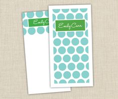 two envelopes with blue and green polka dots on them, one is blank for the name