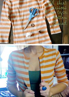 two pictures one with scissors and the other has an orange and white striped shirt on it