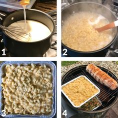 four pictures showing the steps to make macaroni and cheese casserole with sausage