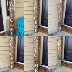 several pictures of a welcome sign on the side of a house with blue lawn chair