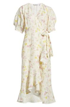 This ever-enchanting flowery midi is designed in a wrapped silhouette and accented with floaty ruffles. True wrap style with side tie closure Surplice V-neck Short sleeves Lined 100% linen Dry clean Imported Spring Brunch Wrap Dress, Spring Garden Party Wrap Dress, Spring Wrap Dress With Surplice Neckline For Daywear, Spring Surplice Neckline Wrap Dress For Daywear, Summer Floral Print Wrap Midi Dress, Spring Daywear Wrap Dress, Feminine Floral Print Wrap Dress For Brunch, Feminine Spring Wrap Dress For Garden Party, Feminine Floral Wrap Dress For Brunch