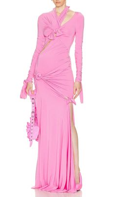 This charming "Knotted Cutout Maxi Slits Gown in Pink" features a ravishingly intricately-designed fabric, knotted cutout with maxi slits, and a graceful pink color that will create a beautiful silhouette. Perfect for a special occasion or evening, this exquisite gown will have you looking your best. Wedding Dresses, Cocktail Dresses, Party Dresses, Evening DressesWear to - Date nights, festive events, girl's night out.Material: Polyester, Spandex, Cotton Material67% Cupro, 26% Polyamide, 7% Ela Belle Silhouette, Exquisite Gowns, Beautiful Silhouette, Floor Length Prom Dresses, Pink Maxi, Bodycon Maxi Dresses, Dresses Cocktail, Dresses Party, Elegant Party