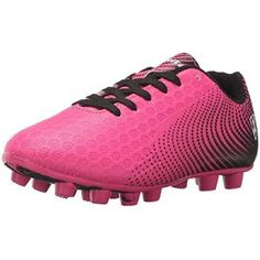 a pink soccer shoe with black laces