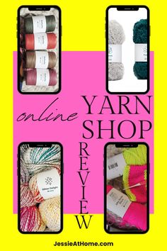 yarn shop advertisement with four different colors and text that reads online yarn shop reverve