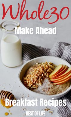 a bowl filled with oatmeal and apples next to a glass of milk