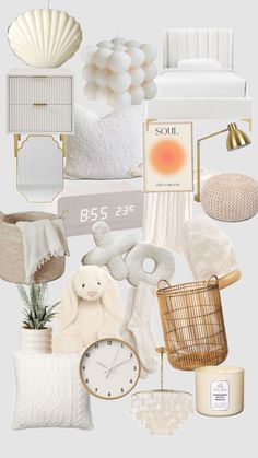 a collage of white and gold items including pillows, blankets, lamps, candles