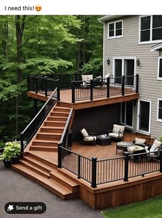 an outdoor deck with stairs and seating area