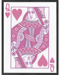 the queen of hearts in pink and white cross stitched on a card with black frame