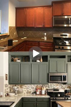 the before and after pictures of a kitchen remodel with green cabinets, granite counter tops, and stainless steel appliances