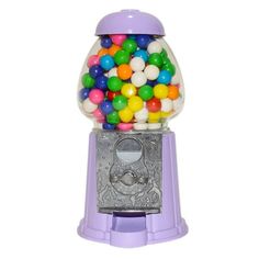 a purple gummy machine with lots of colorful balls in it's top lid